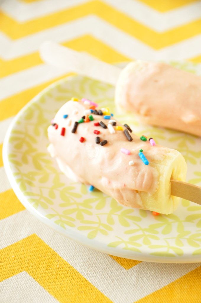 strawberry cake magic shell! Banana pops topped with Strawberry Cake Magic Shell and sprinkles