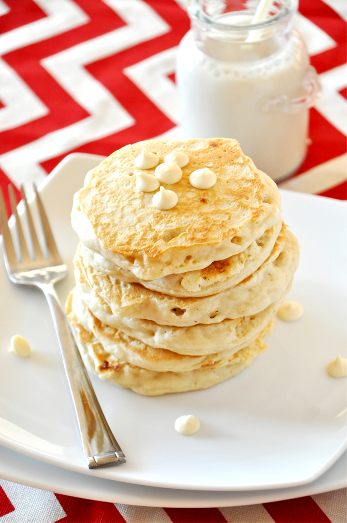 Stack of delicious White Chocolate Macadamia Nut Pancakes that taste like cookies