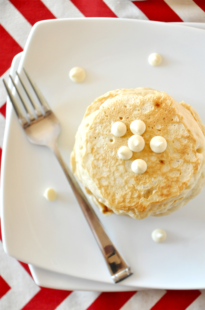 white chocolate macadamia nut cookie pancakes Plate with a batch of our vegan White Chocolate Macadamia Nut Pancakes recipe