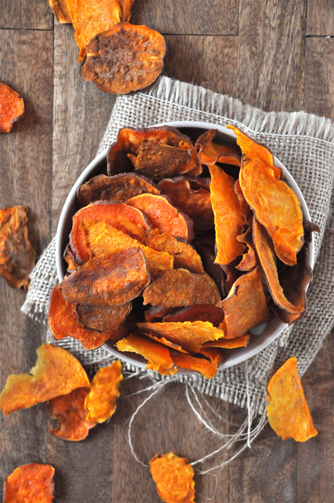 Bowl of crispy homemade Baked Sweet Potato Chips