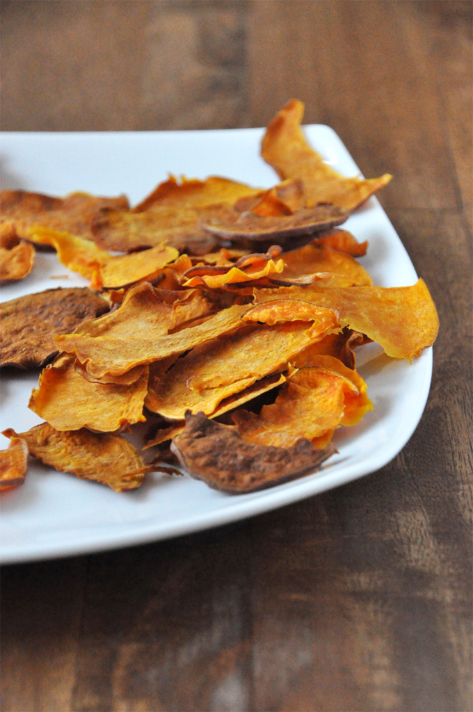 Plate of homemade sweet potato chips made with a vegetable peeler