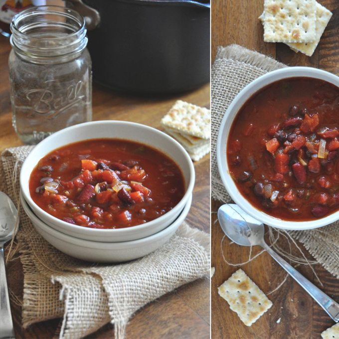 Bowls of Vegan Beer Chili surrounded by saltine crackers