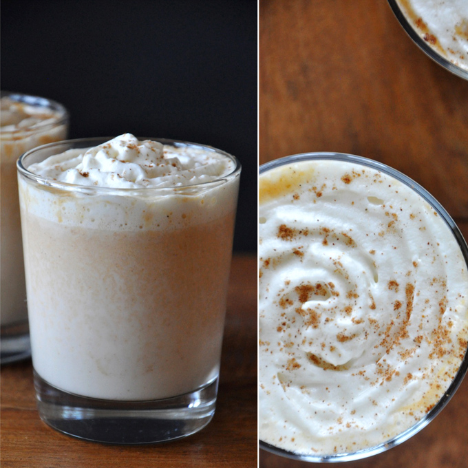 Boozy Pumpkin White Hot Chocolate || The Minimalist Baker Glasses filled with our Boozy Pumpkin White Hot Chocolate recipe and whipped cream