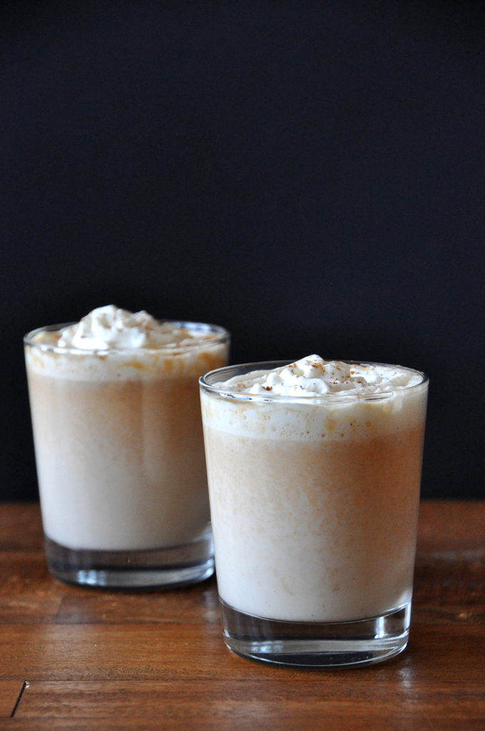 Boozy Pumpkin White Hot Chocolate Glasses of our Boozy Pumpkin White Hot Chocolate recipe topped with whipped cream