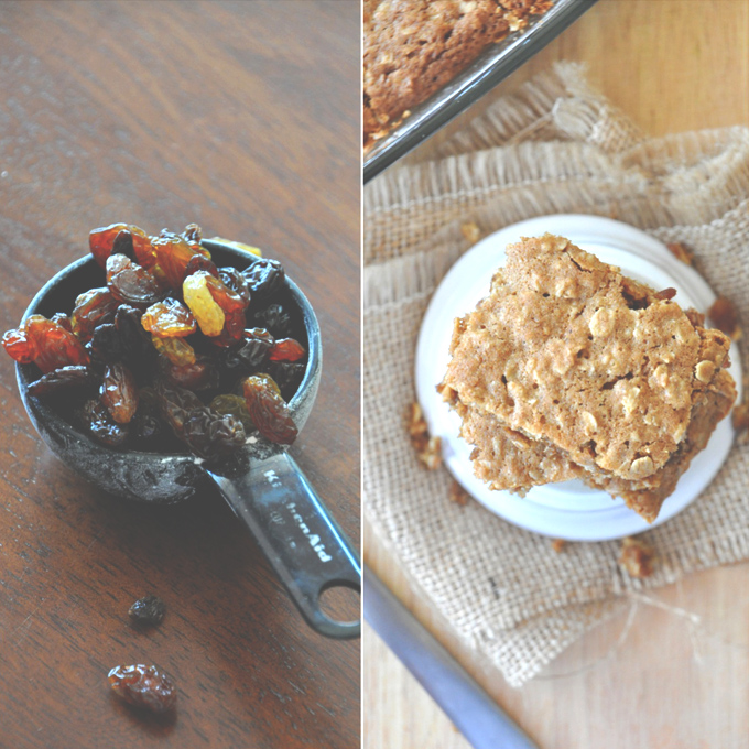 Chai Spiced Oatmeal Raisin Bars || Minimalist Baker Measuring cup of raisins and stack of homemade Chai-Spiced Oatmeal Raisin Bars
