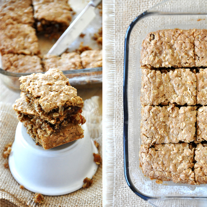 Chai Spiced Oatmeal Raisin Cookie Bars Stack of Chai-Spiced Oatmeal Raisin Bars alongside a pan with the rest of the batch