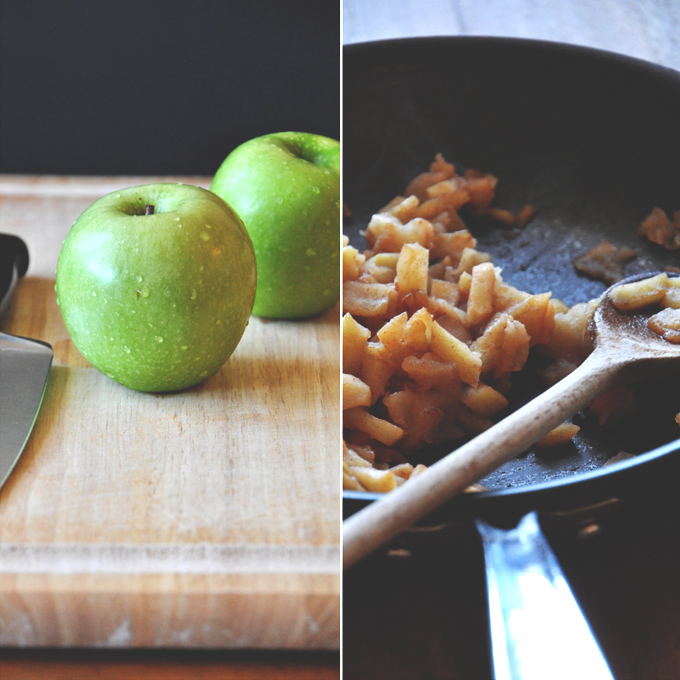 Whole and cooked sliced apples for making Vegan Pumpkin Apple Muffins