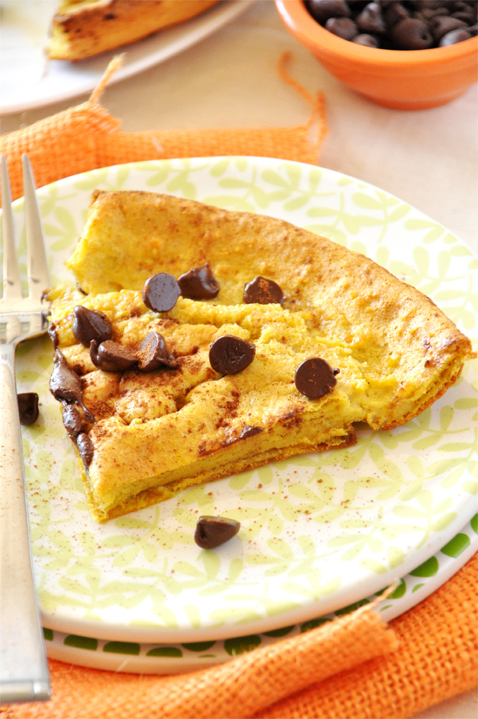 Pumpkin Chocolate Chip Dutch Baby for 2! Plate with a slice of our homemade Pumpkin Chocolate Chip Dutch Baby recipe