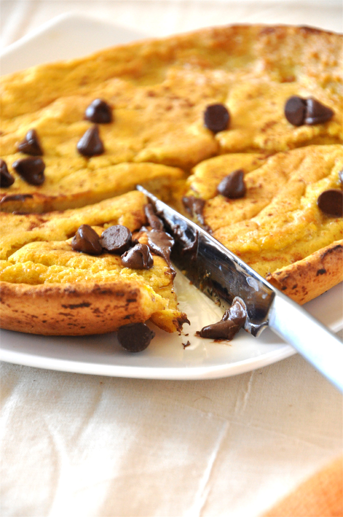 Pumpkin Chocolate Chip Dutch Baby for Two Slicing into our Pumpkin Chocolate Chip Dutch Baby for an incredible breakfast