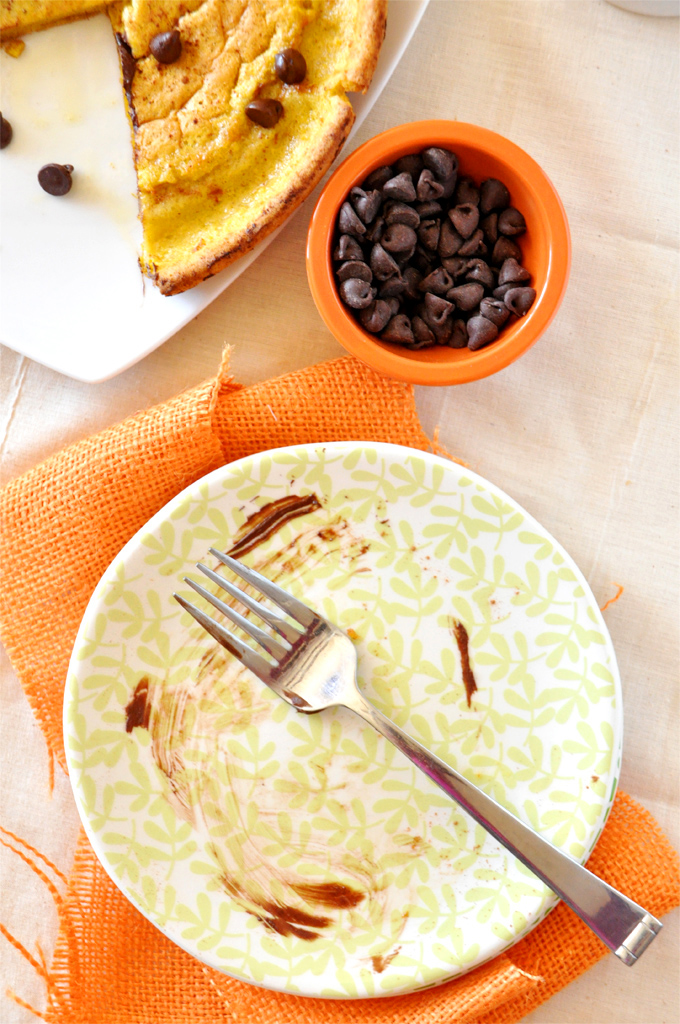 Pumpkin Chocolate Chip Dutch Baby for Two! Empty plate that once held a slice of gobbled up Pumpkin Chocolate Chip Dutch Baby