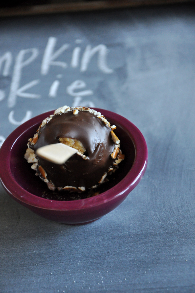 Pumpkin Cookie Dough Bites || Minimalist Baker Bowl with a Pumpkin Cookie Dough Pop on a stick