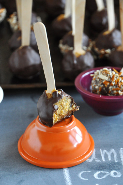 Pumpkin Cookie Dough pop on an upside down orange bowl