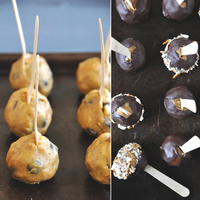 Pumpkin Cookie Dough Pops!! Batch of Pumpkin Cookie Dough Pops before and after adding chocolate and nut coating