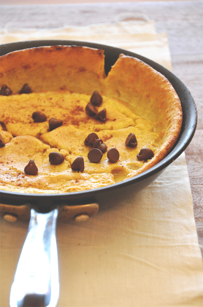 Pumpkin Dutch Baby with Chocolate Chips Pan filled with a batch of Pumpkin Chocolate Chip Dutch Baby for a delicious breakfast