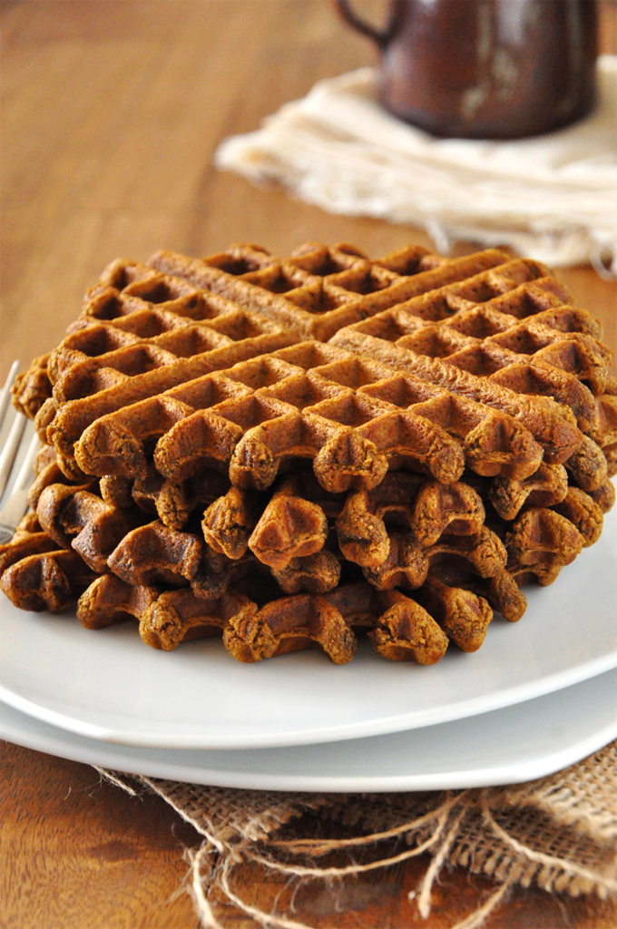 Pumpkin Gingerbread Waffles Stack of our homemade Vegan Gingerbread Waffles recipe