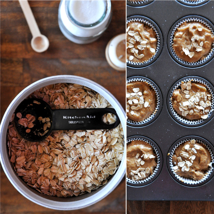 Muffin tin filled with Vegan Pumpkin Apple Muffins ready to be baked alongside ingredients for topping