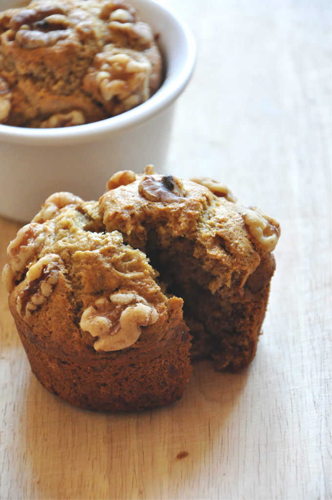 Vegan Banana Walnut Muffins for Two! Close up shot of a batch of our Vegan Banana Nut Muffins for 2 recipe