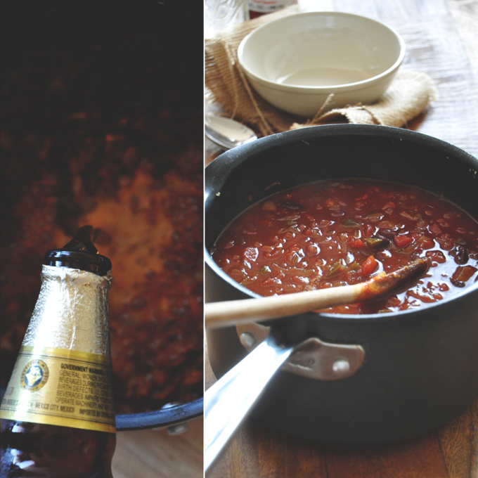 Making a big pot of our Vegan Beer Chili recipe