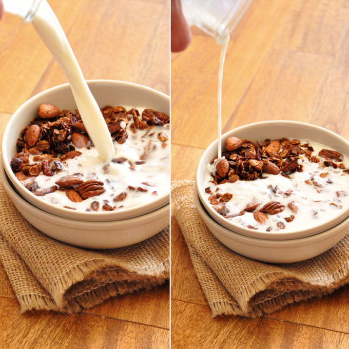 Vegan Coconut Almond Granola | Minimalist Baker Pouring milk into a bowl of homemade Nut and Honey Coconut Granola