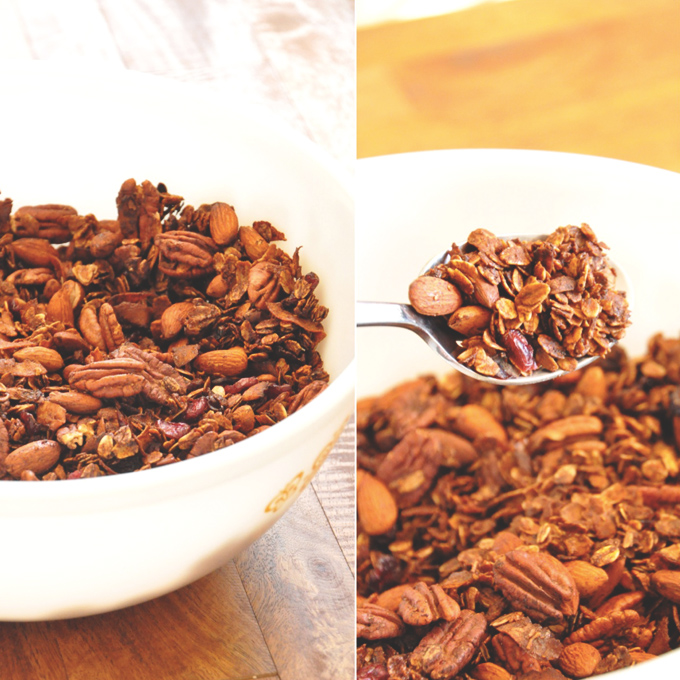 Vegan Coconut Almond Honey Granola Holding up a spoonful of Nut and Honey Coconut Granola made with almonds and pecans
