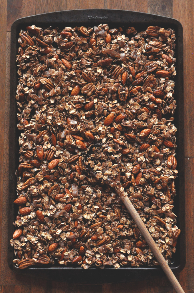 Vegan Coconut Honey Granola Big tray of our Nut and Honey Coconut Granola for a delicious breakfast or snack
