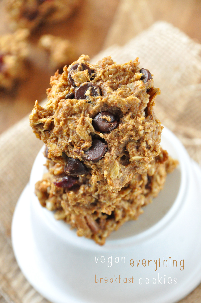 Stack of Vegan Everything Breakfast Cookies made with chocolate chips and pumpkin