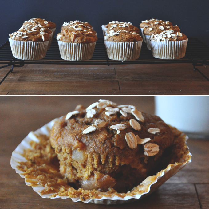 Batch of Vegan Pumpkin Apple Muffins in parchment paper liners