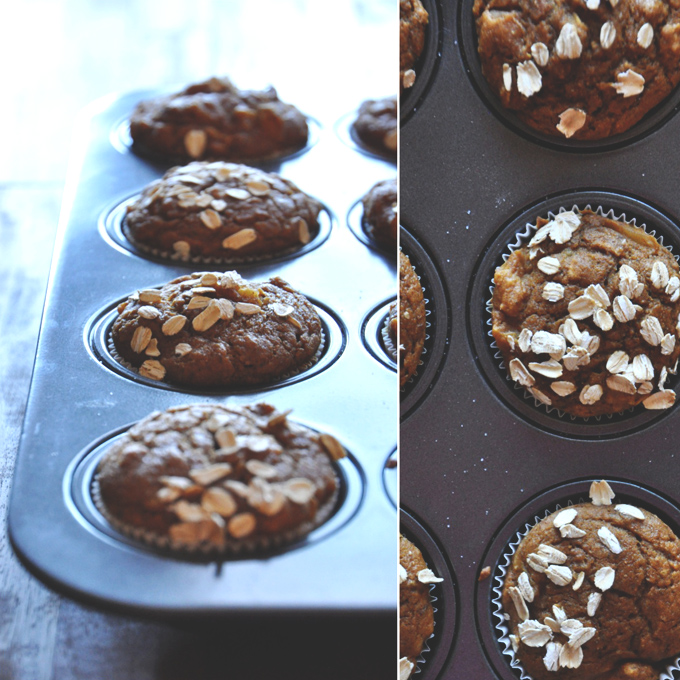 Muffin tin filled with freshly baked Vegan Pumpkin Apple Muffins