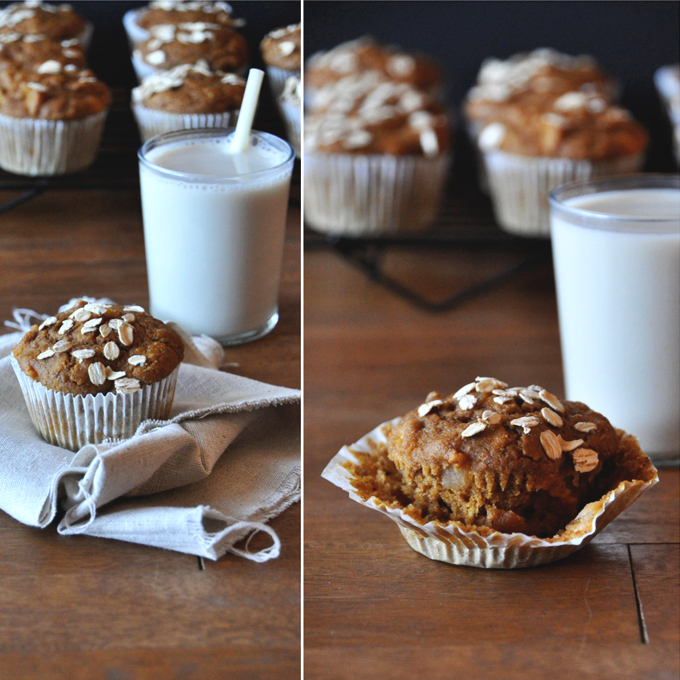 Vegan Pumpkin Apple Muffins with a glass of almond milk for a delicious snack