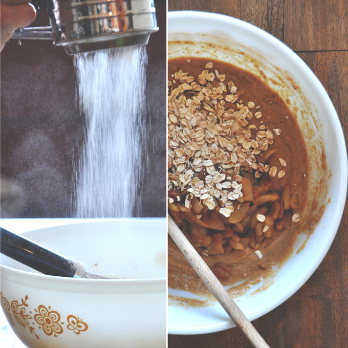 Sifting flour into a bowl of Vegan Pumpkin Apple Muffin batter