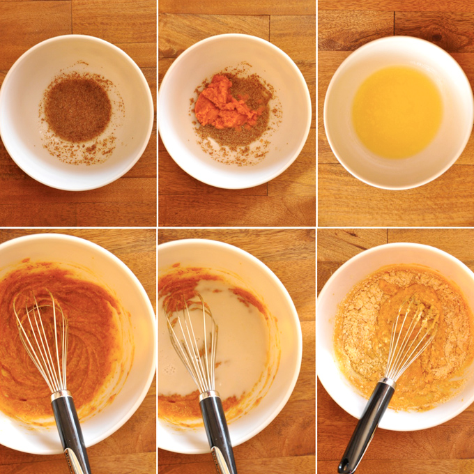 Series of photos showing how to make vegan cornbread waffle batter