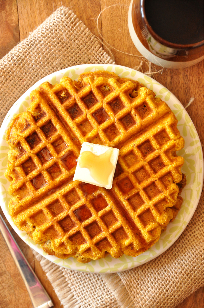Large Vegan Pumpkin Cornbread Waffle filling a plate