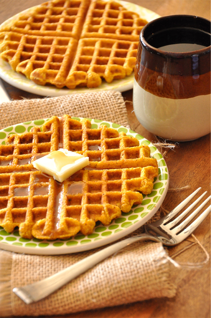 Batch of our Vegan Pumpkin Cornbread Waffles recipe for a delicious breakfast
