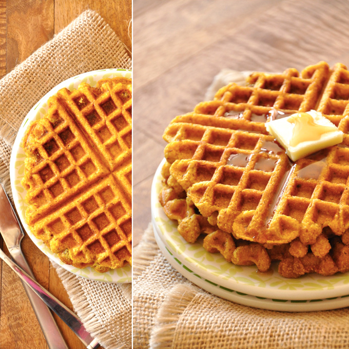 Stack of Vegan Pumpkin Cornbread Waffles topped with syrup and vegan butter
