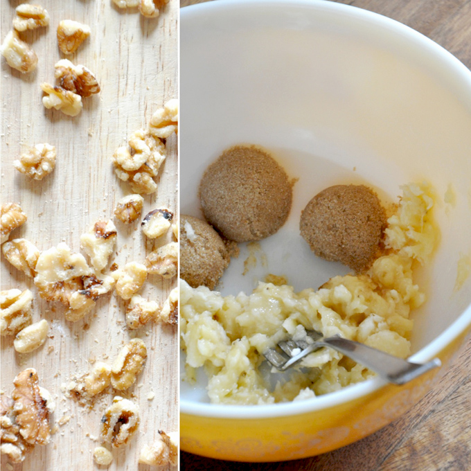 Vegan banana walnut muffins Walnuts and a bowl of ingredients for making Vegan Banana Nut Muffins for 2