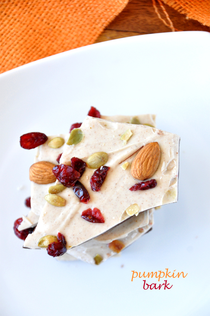 Stack of pieces of our homemade White Chocolate Pumpkin Bark recipe
