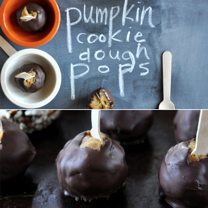 pumpkin cookie dough pops! by the minimalist baker Batch of vegan Cookie Dough Pops made with pumpkin and chocolate