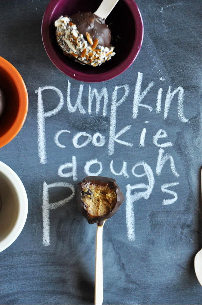 pumpkin cookie dough pops! minimalist baker Pumpkin Cookie Dough Pops on a chalkboard and in bowls