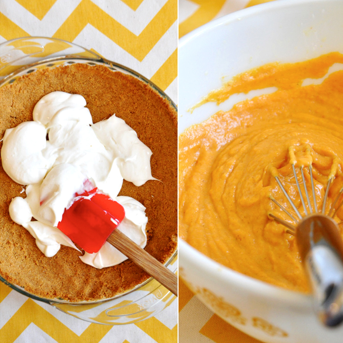 Spreading filling for Creamy Pumpkin Pie over the crust