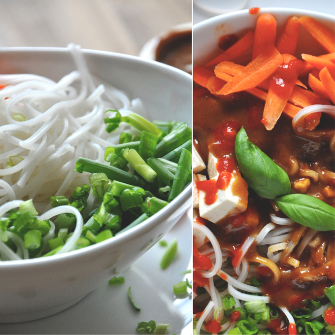Bowl of our Asian Noodle Bowl recipe pictured wit and without dressing
