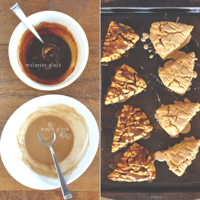 Glazed Pumpkin Scones Bowls of maple and molasses glaze for drizzling over homemade Pumpkin Scones