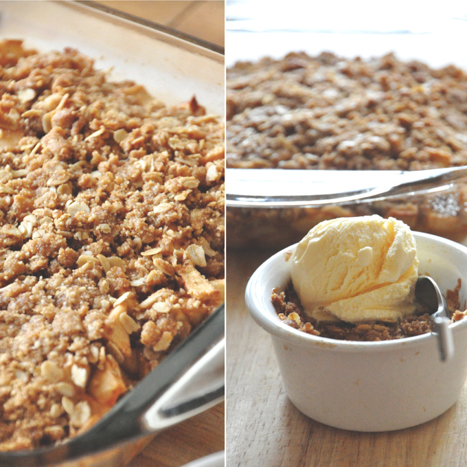 Baking pan of our Gluten-Free Vegan Apple Crisp recipe alongside a bowl of crisp topped with ice cream