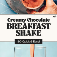 Overhead and side views of glasses of our Creamy Chocolate Breakfast Shake with text between the photos that says SO quick and easy