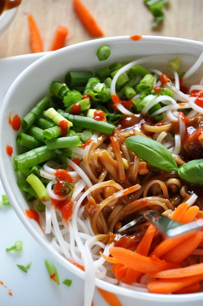 Veggie and Rice Noodle Bowl with green onion, carrots, basil, and Ginger Peanut Dressing