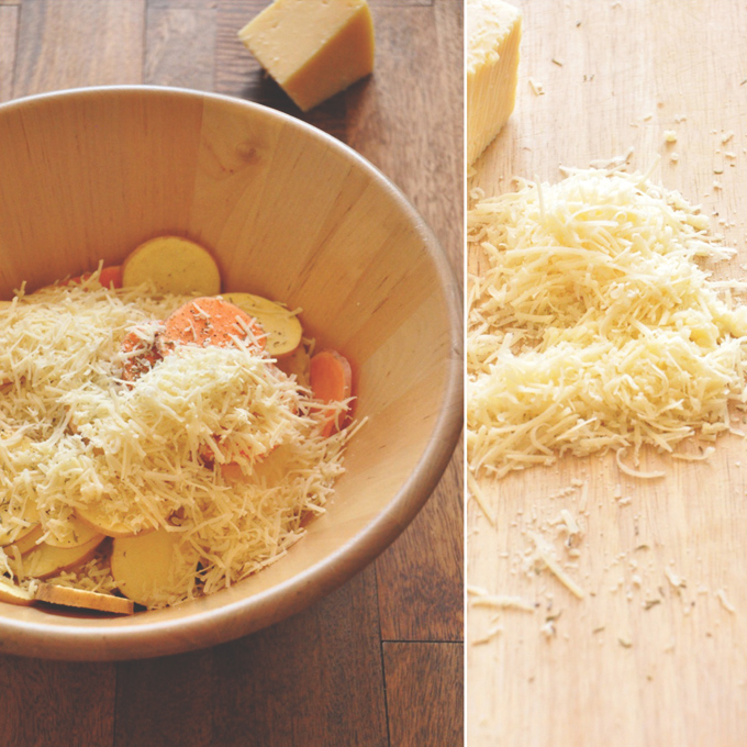 Shredded cheese with sliced potatoes for making a delicious vegetarian sweet potato recipe