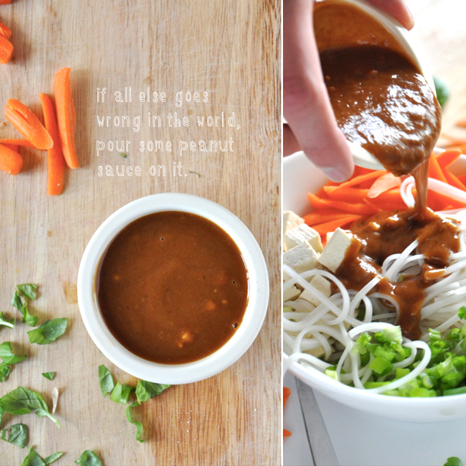 Pouring homemade Ginger Peanut Dressing onto an Veggie and Rice Noodle Bowl