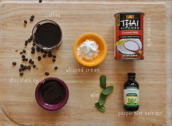 Peppermint Mocha Frappe Ingredients | minimalist baker Cutting board with ingredients for making our homemade Peppermint Mocha Frappe recipe
