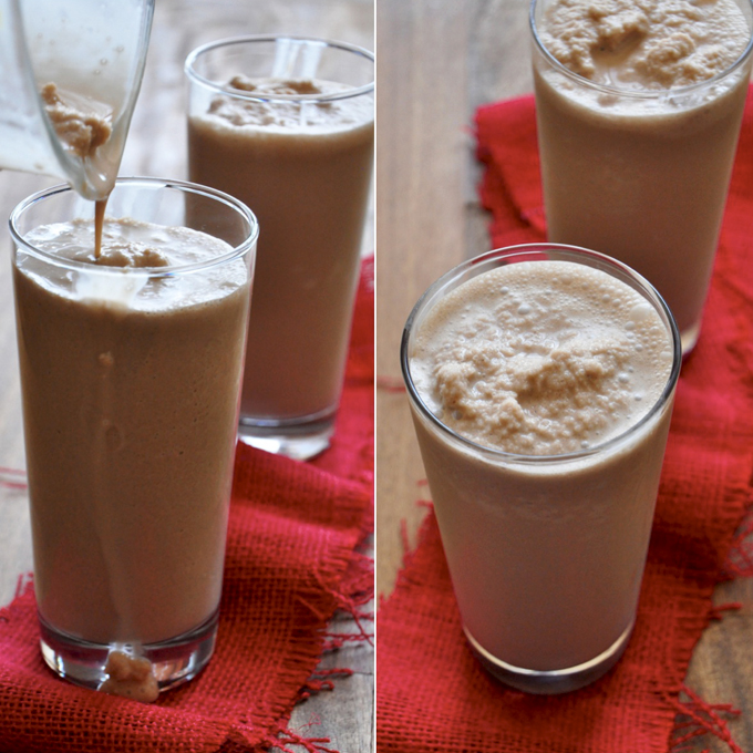 Peppermint Mocha Frappe Pouring a batch of our Peppermint Mocha Frappe recipe into tall glasses