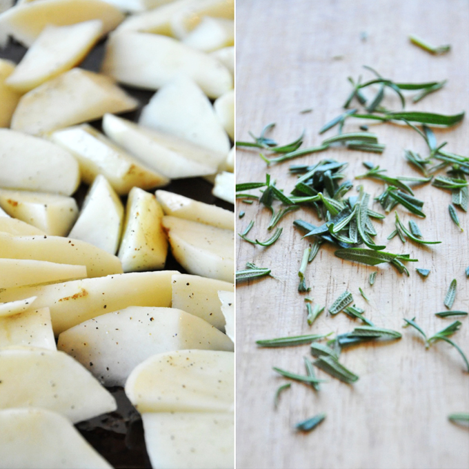 Potato and Rosemary Chopped potatoes and rosemary for making Crispy Baked Rosemary Garlic Fries