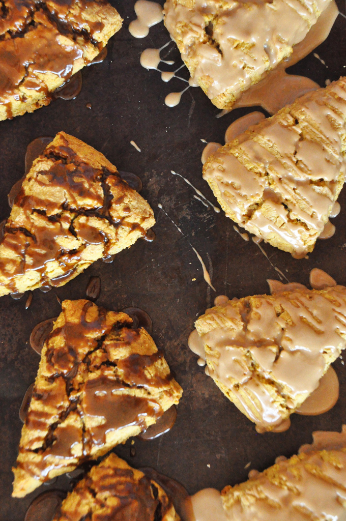 Pumpkin Scones with Molasses and Maple Glaze Batch of Pumpkin Scones with half each drizzled with Maple and Molasses Glazes
